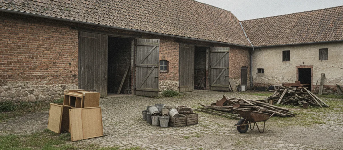 Großer Hof mit langer Backsteinscheune und offenen Holztoren; davor stehen Möbelteile, alte Eimer und Altholz in getrennten Stapeln.