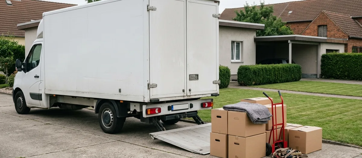 Weißer Umzugswagen mit abgesenkter Ladebordwand auf einer Betonzufahrt; davor stehen Umzugskartons, eine Sackkarre und eine zusammengelegte Umzugsdecke.