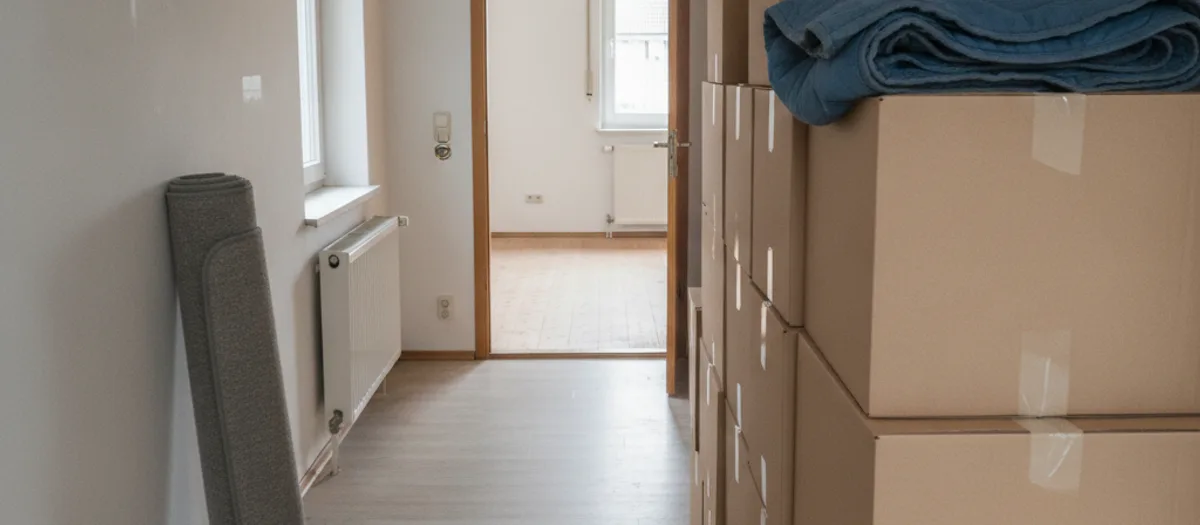 Flur am Umzugstag: Kartons stapeln sich entlang der Wand, daneben ein aufgerollter Teppich und der Blick in ein leergeräumtes Zimmer.