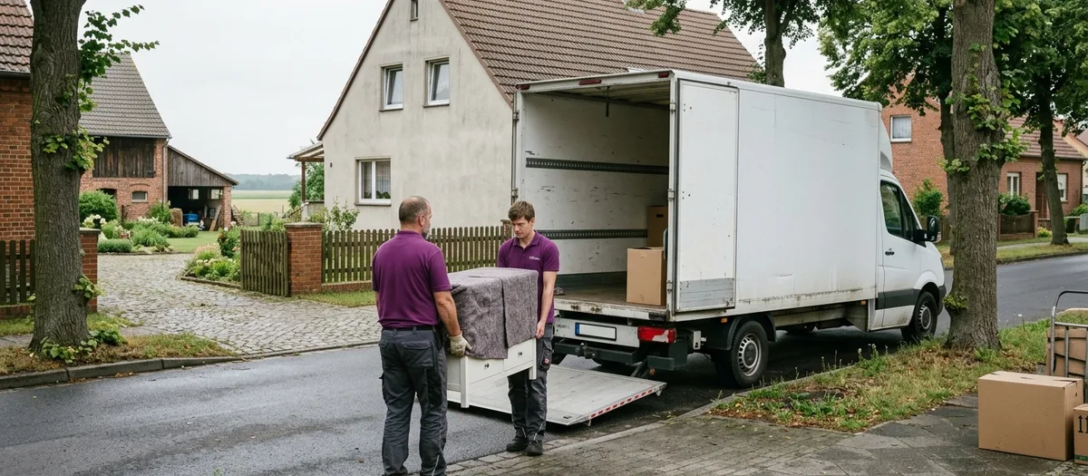 Zwei Umzugskräfte tragen eine in eine Decke gehüllte Kommode über den Gehweg zur offenen Ladefläche des weißen Umzugswagens; dahinter ein verputztes Wohnhaus mit Ziegeldach.