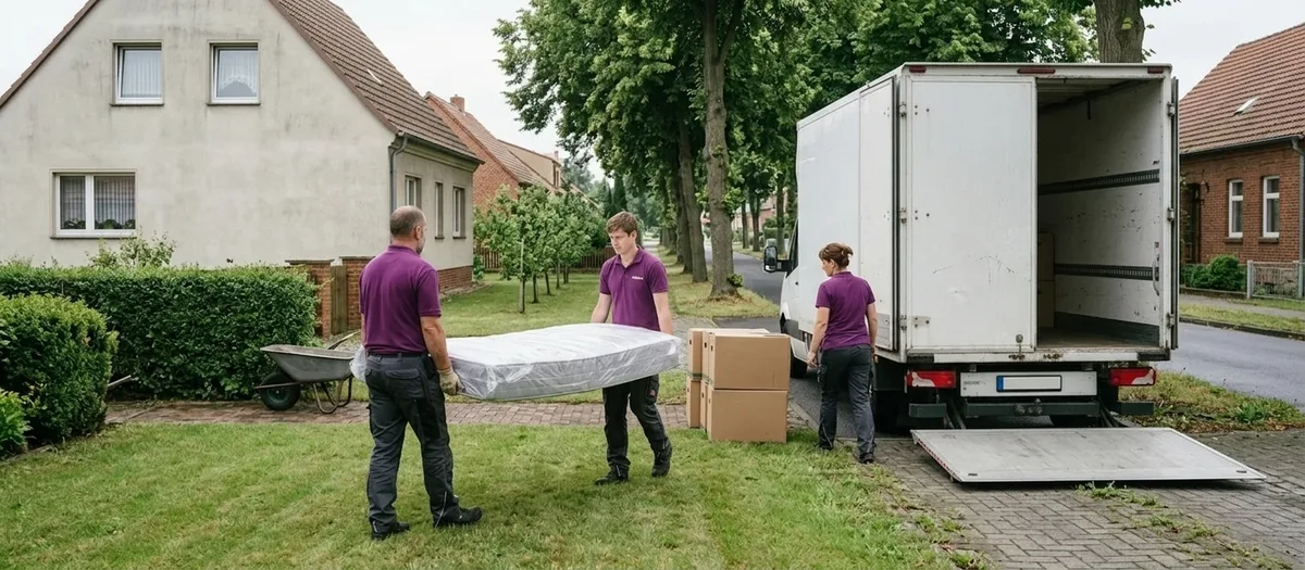 Drei Umzugskräfte tragen eine in Folie eingeschlagene Matratze über den Rasen zum weißen Umzugswagen mit abgesenkter Ladebordwand.