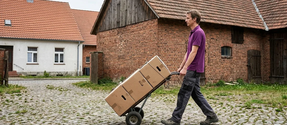 Eine Umzugskraft zieht eine mit Kartons beladene Sackkarre über das Kopfsteinpflaster eines Hofes vor einer Backsteinscheune.